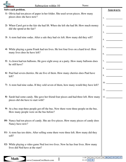 Subtraction Worksheets - Word Subtraction Within 10 worksheet